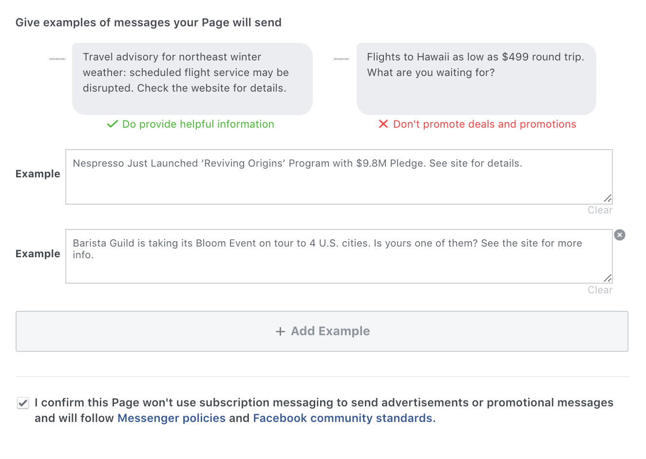 Examples of messages your Page will send for Facebook Subscription Messaging approval.
