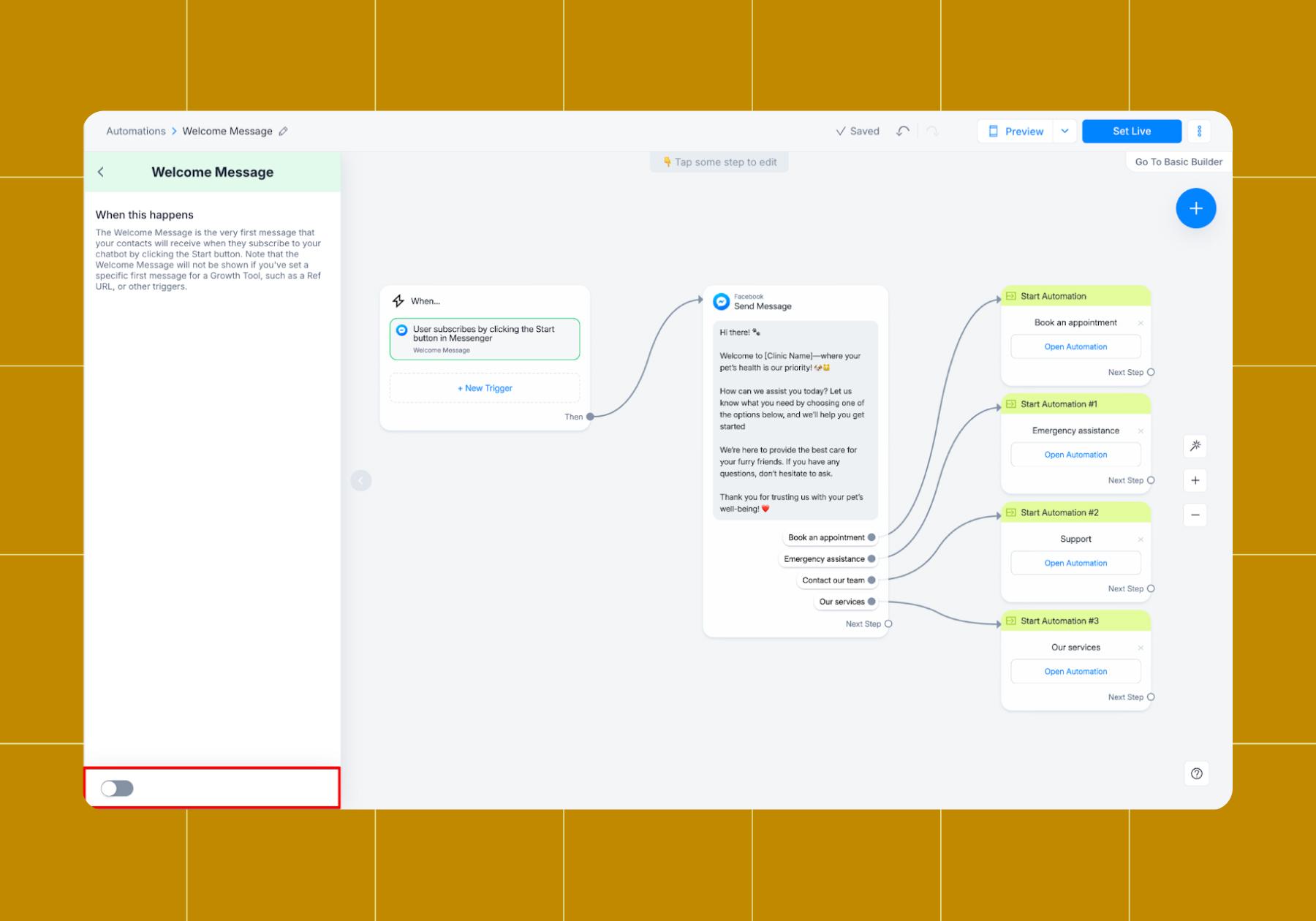 Screenshot of an example Welcome Message flow 