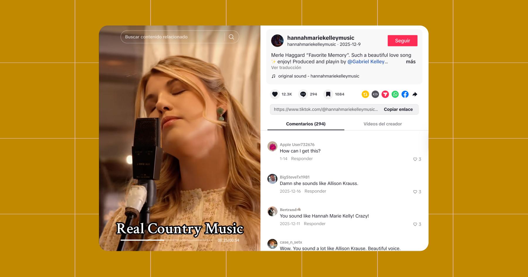 Screenshot of Hannah Marie Kelley's Instagram account featuring an image of her singing a cover of a Merle Haggard love song, "Favorite Memory" at a mic with her eyes closed. The caption reads "Real Country Music".