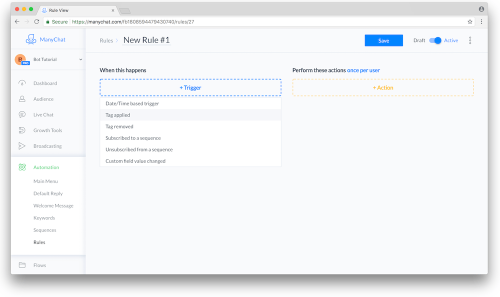 chatbot triggers and rules inside manychat dashboard