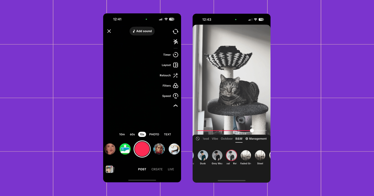 Screenshot of black and white TikTok filters