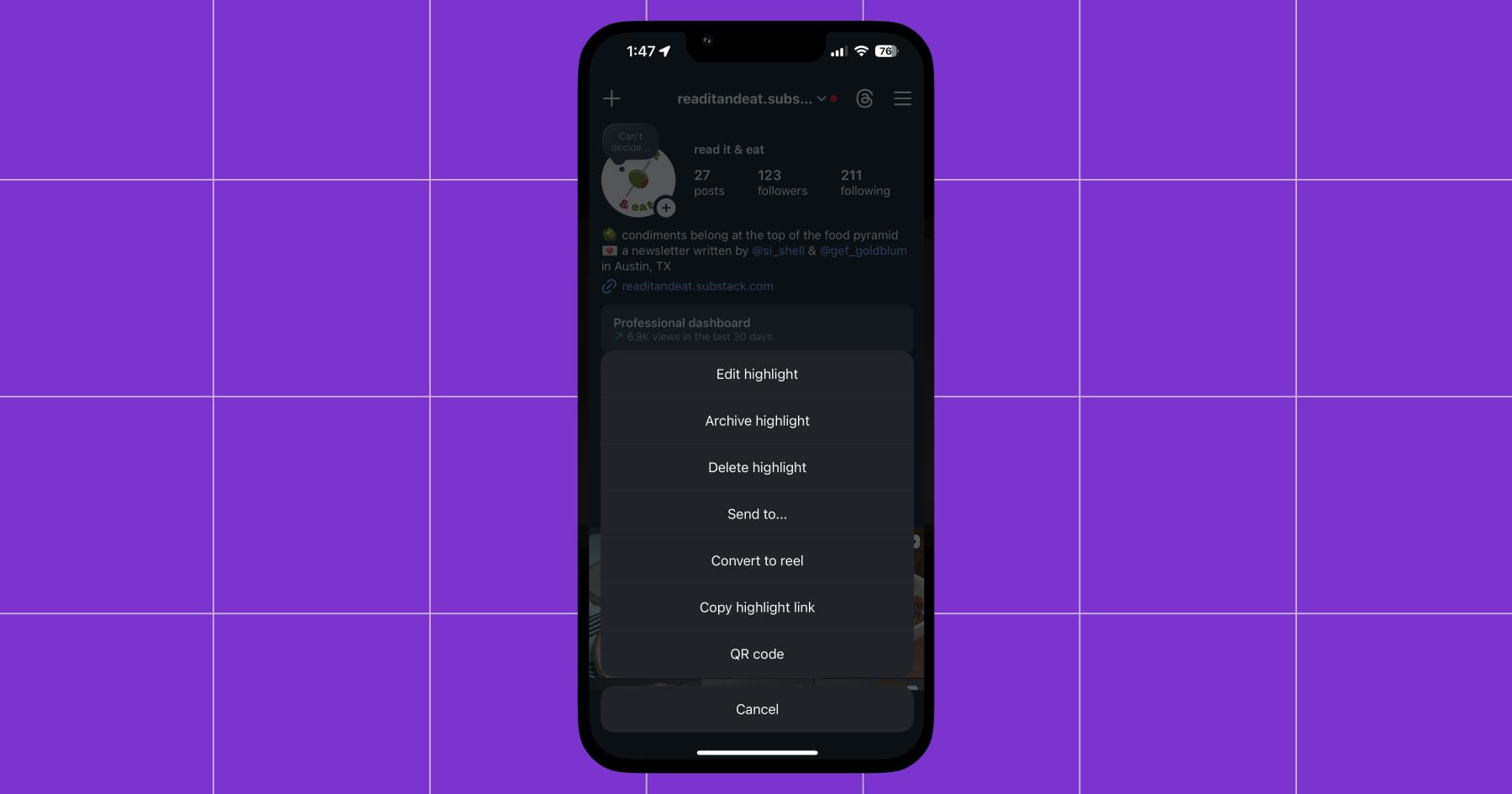 Screenshot of Instagram account showing how you can turn your Stories into a Reel by making them a Highlight and selecting Convert to Reel in the menu