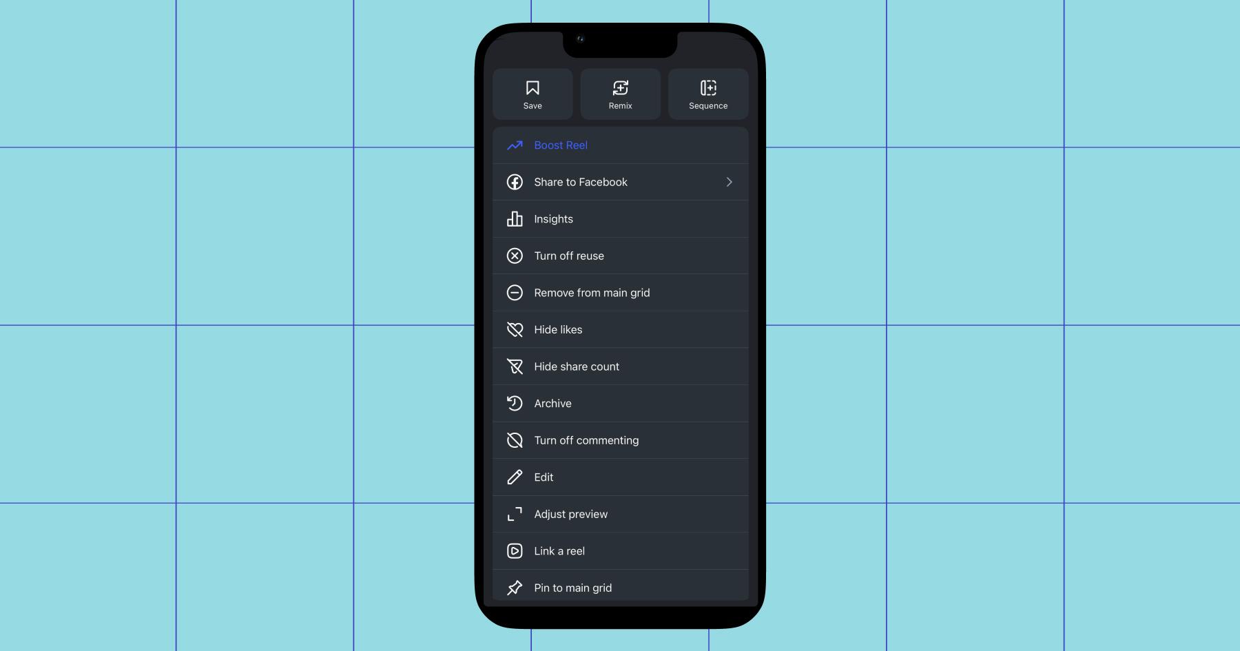 Screenshot of Instagram settings options, including "Remove from main grid" 