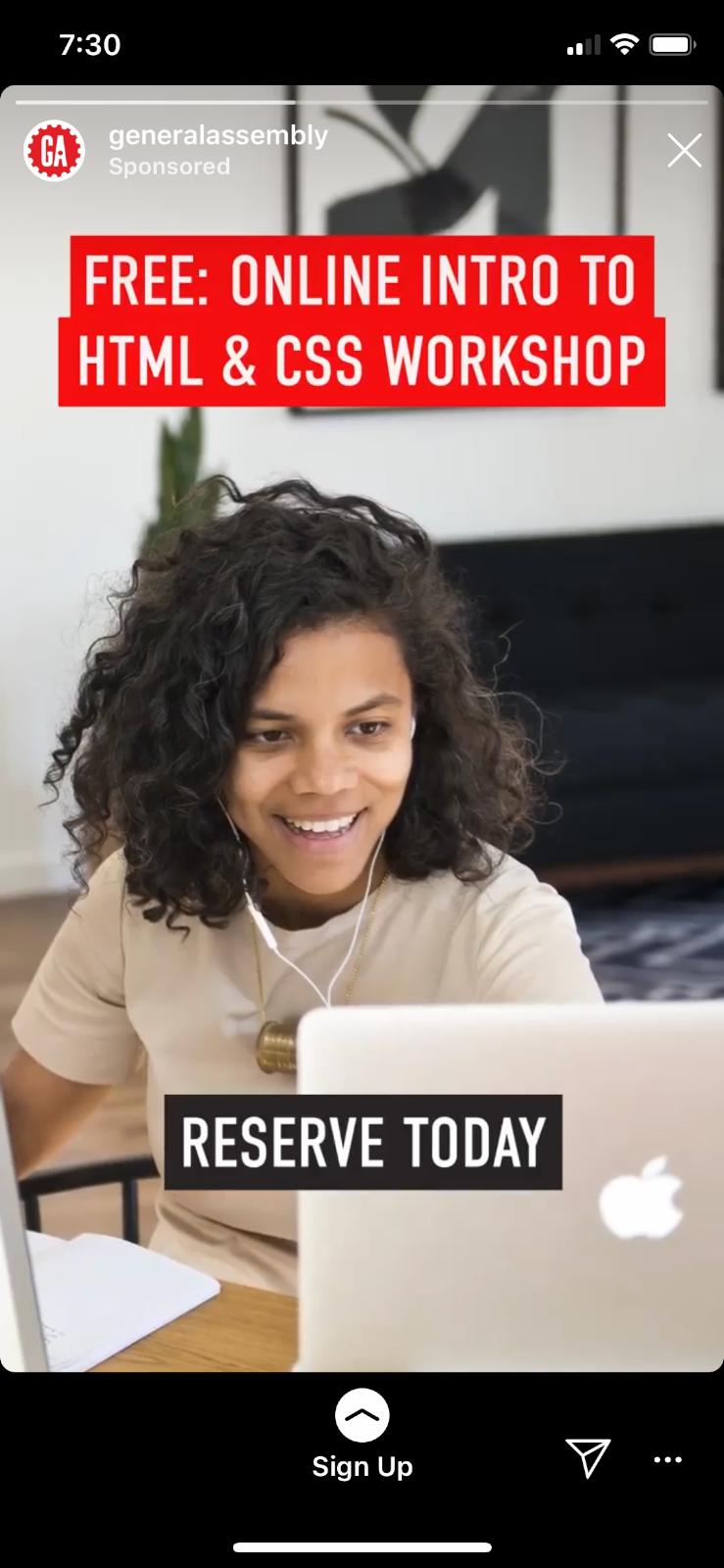 General Assembly Instagram Story ad CTA text example