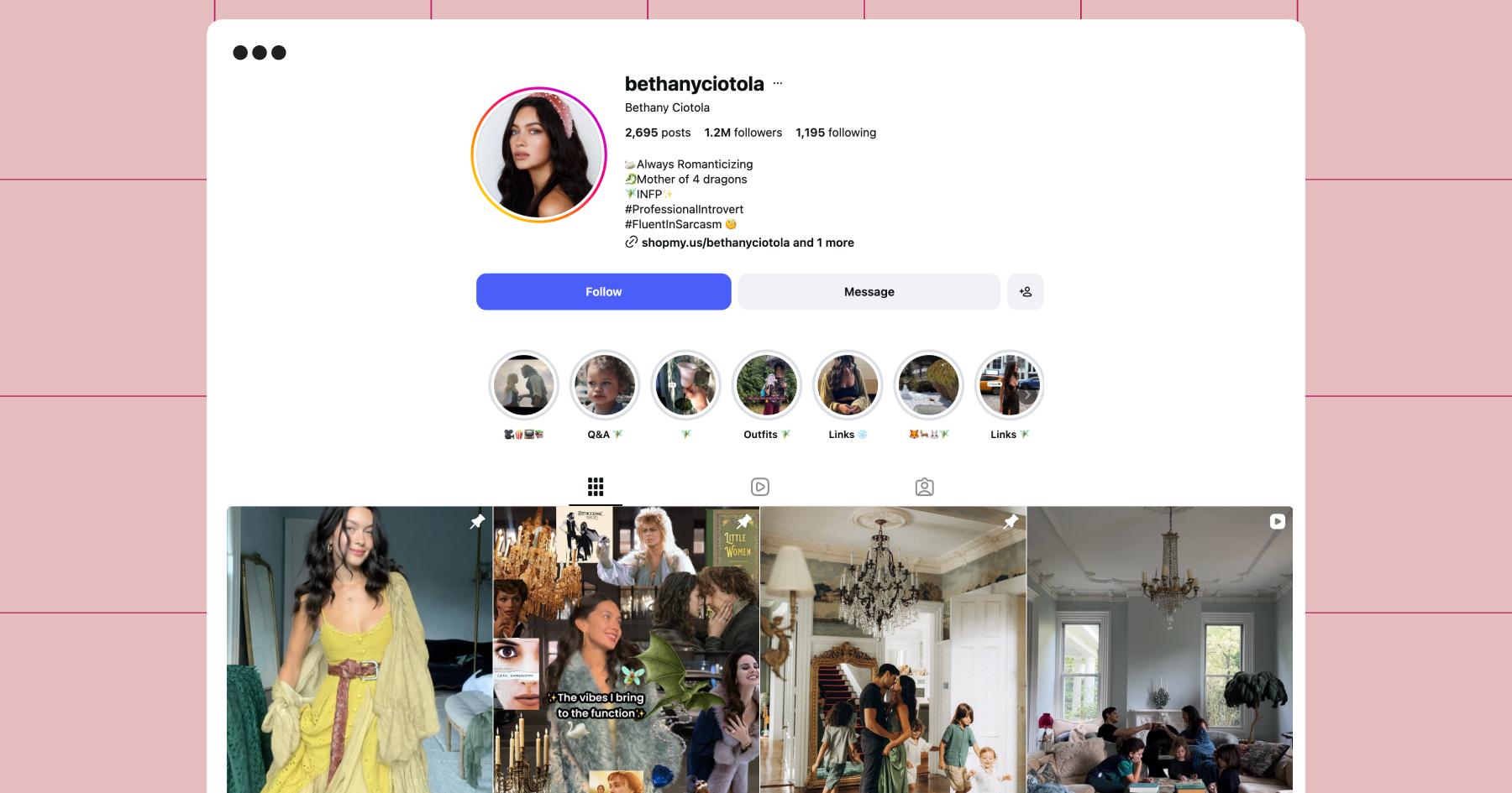 Screenshot of creator Bethany Ciotola's Instagram profile page 