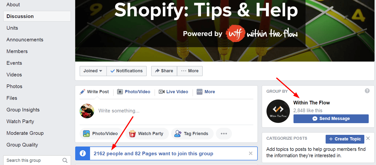 A look at WithinTheFlow's private eCommerce marketing group. Showing the number of people on waitlist and total Page Likes