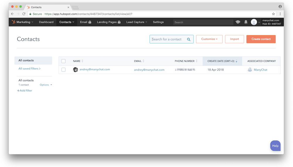 Creating contacts in HubSpot with Manychat