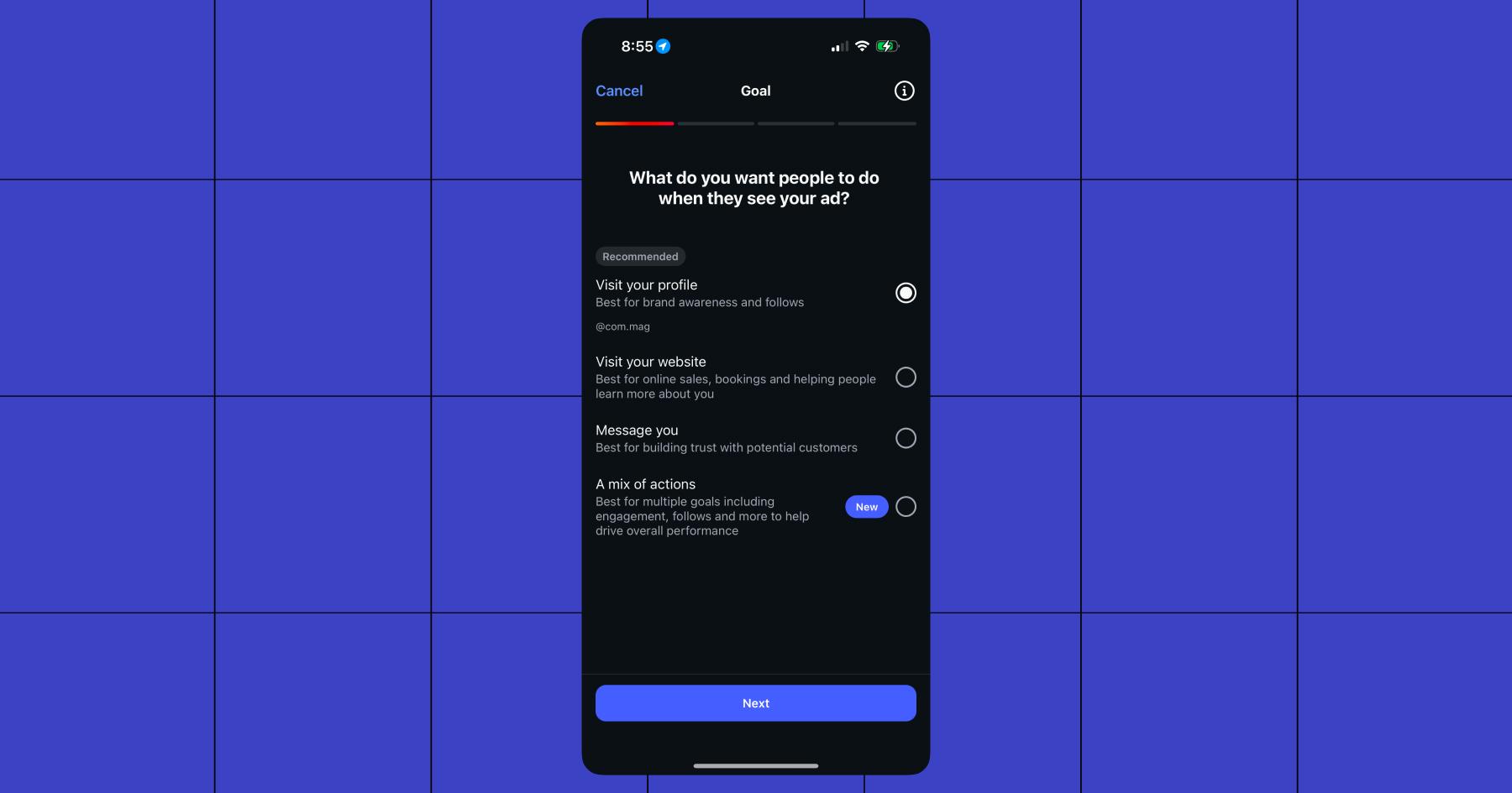 Screenshot of Goal options: "What do you want people to do when they see your ad?"