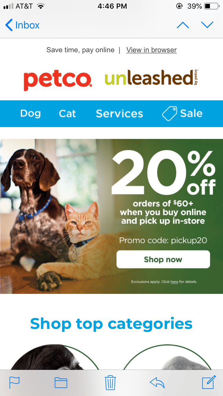 20% off promotional email from Petco