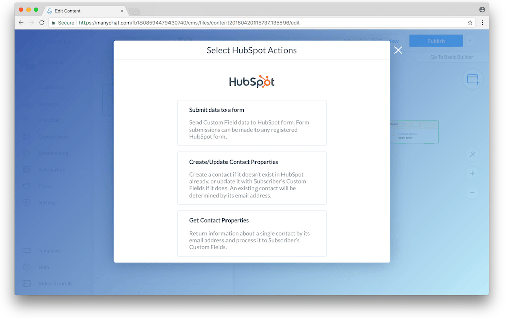 Selecting HubSpot action