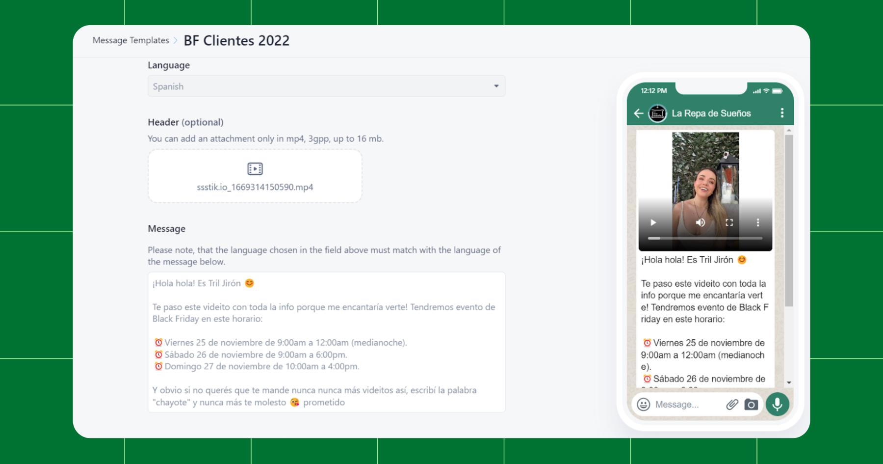 Screenshots of the WhatsApp template