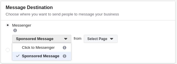 How to Create Facebook Messenger Ads Step 3: Select Message Destination