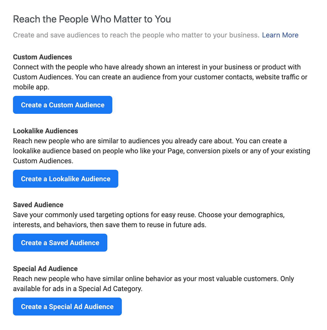 Choosing a Custom Audience set up in Ads Manager