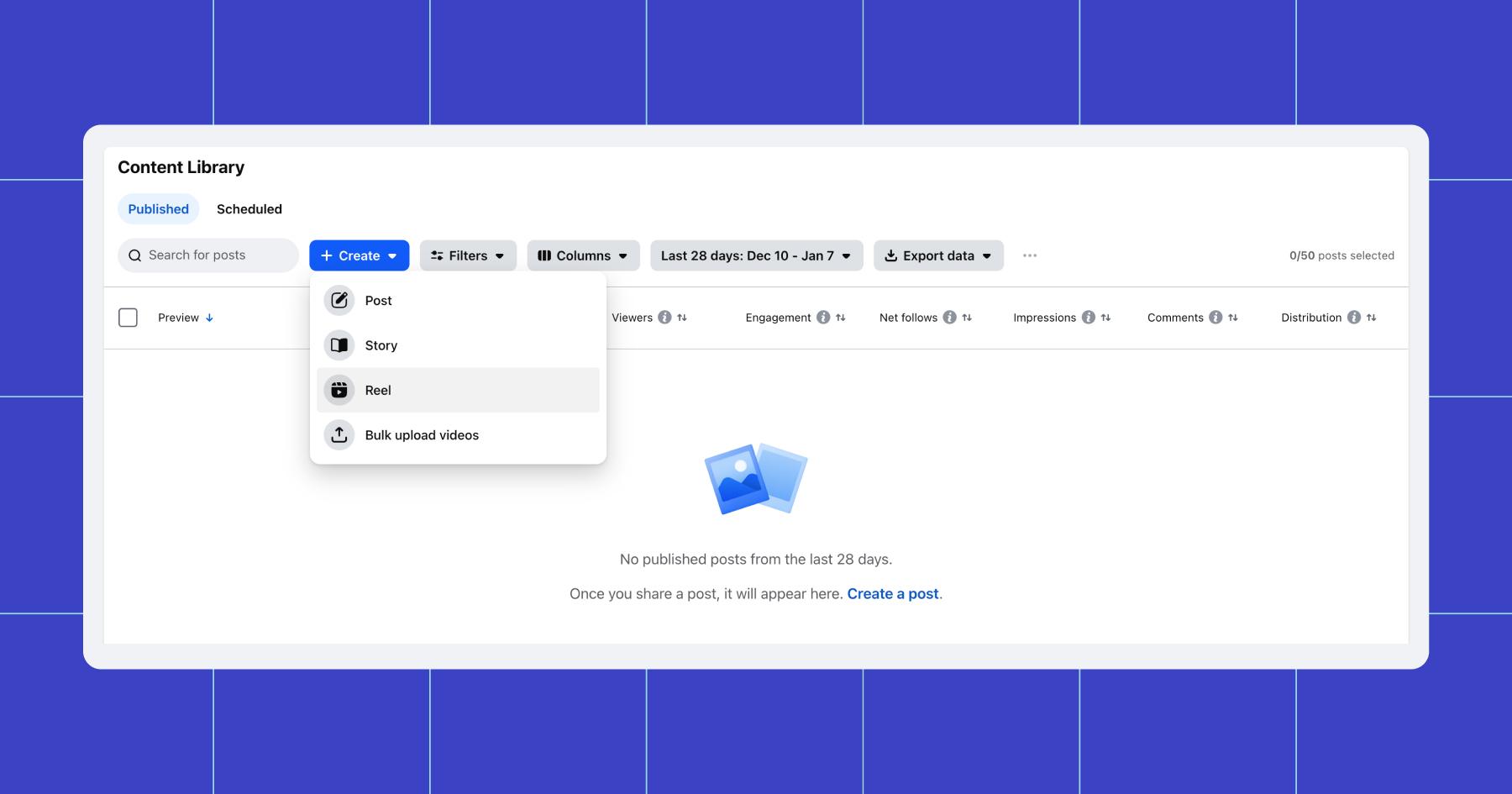 Screenshot of the content library in Meta Business Suite