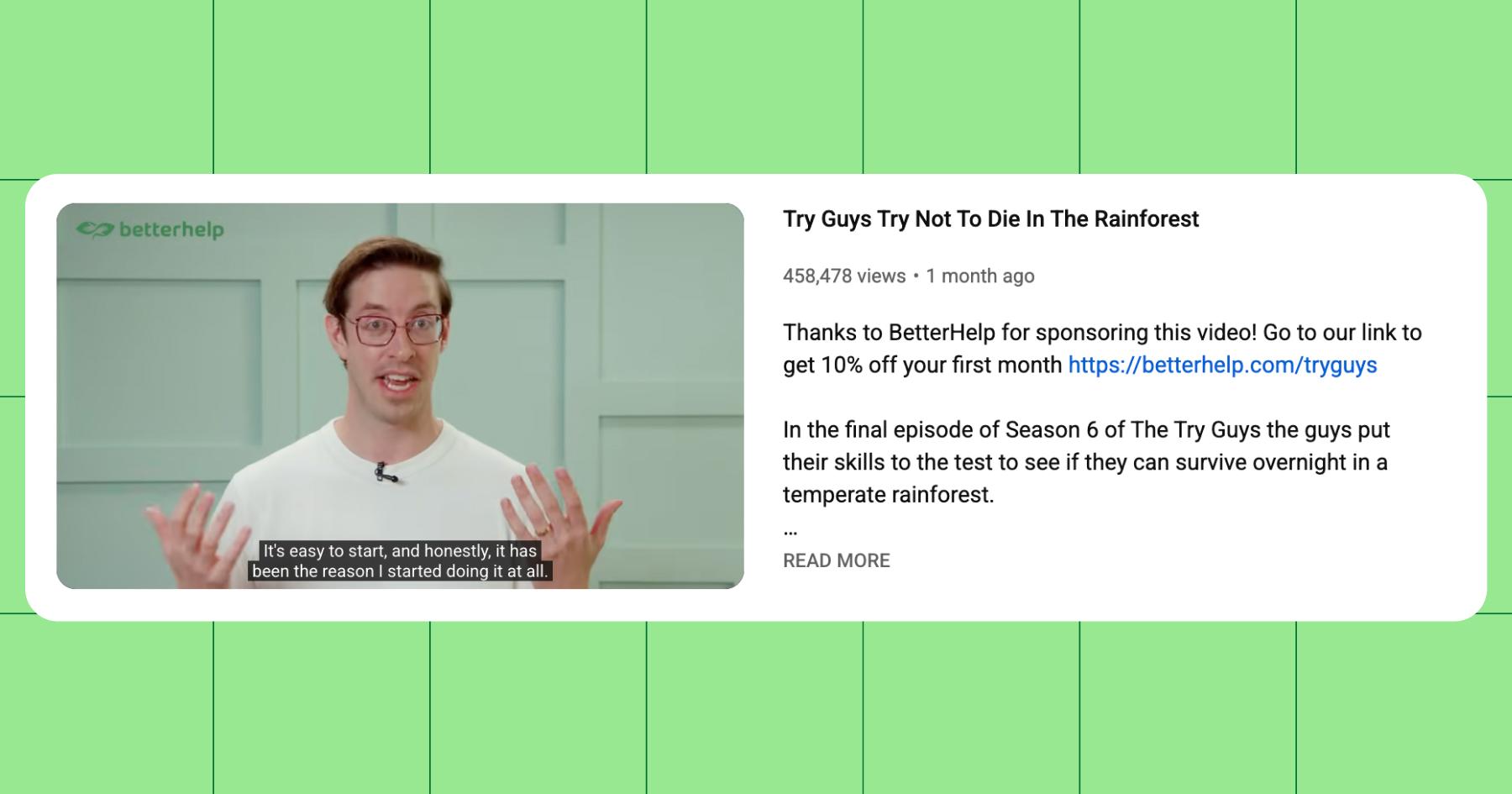 Screenshot of Try Guys sponsored post, sponsored by BetterHelp
