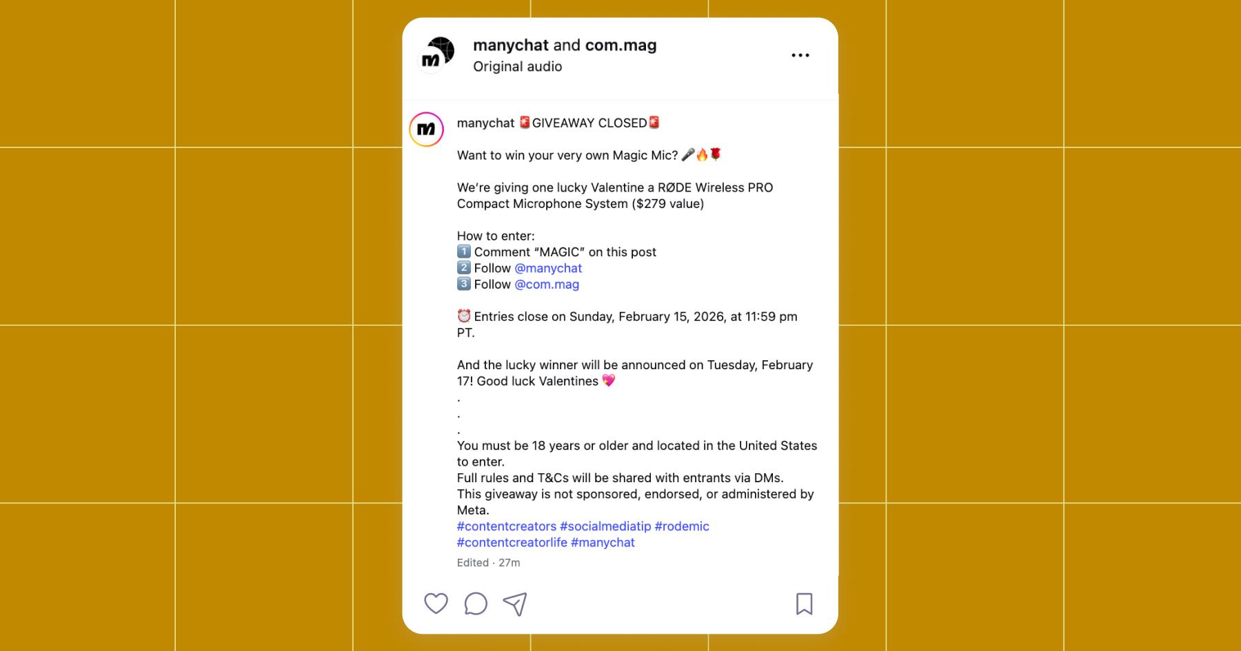 Screenshot of the Magic Mic giveaway post caption on the Manychat and Chronically Online Magazine Instagram accounts