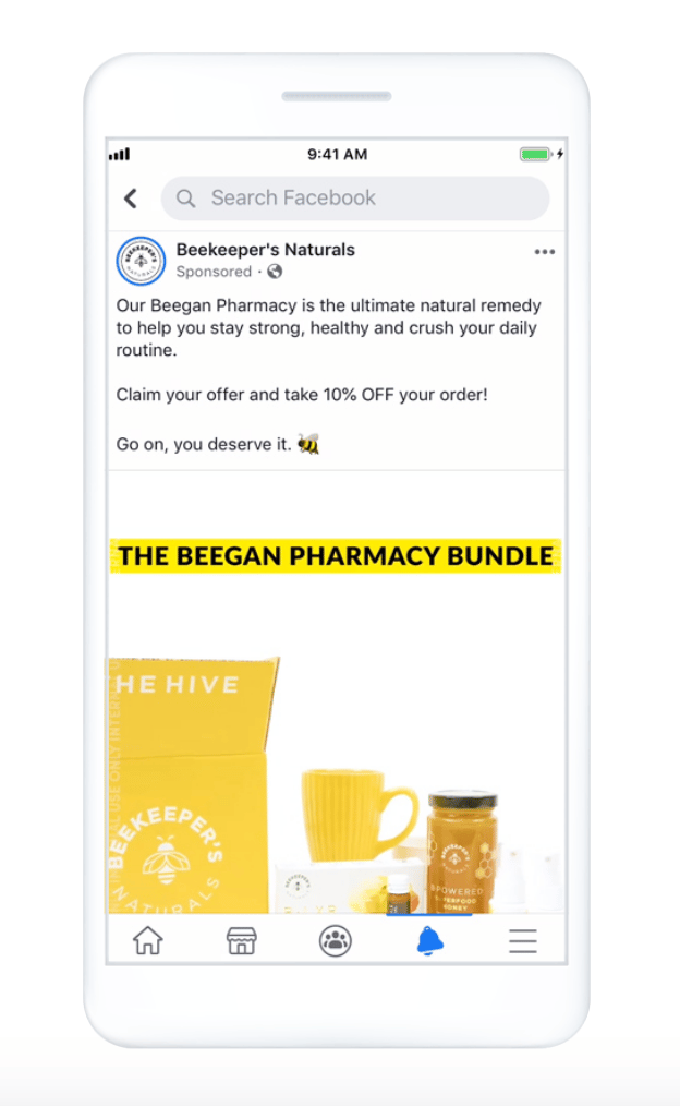 Beekeeper's Natural Video ad example on Facebook