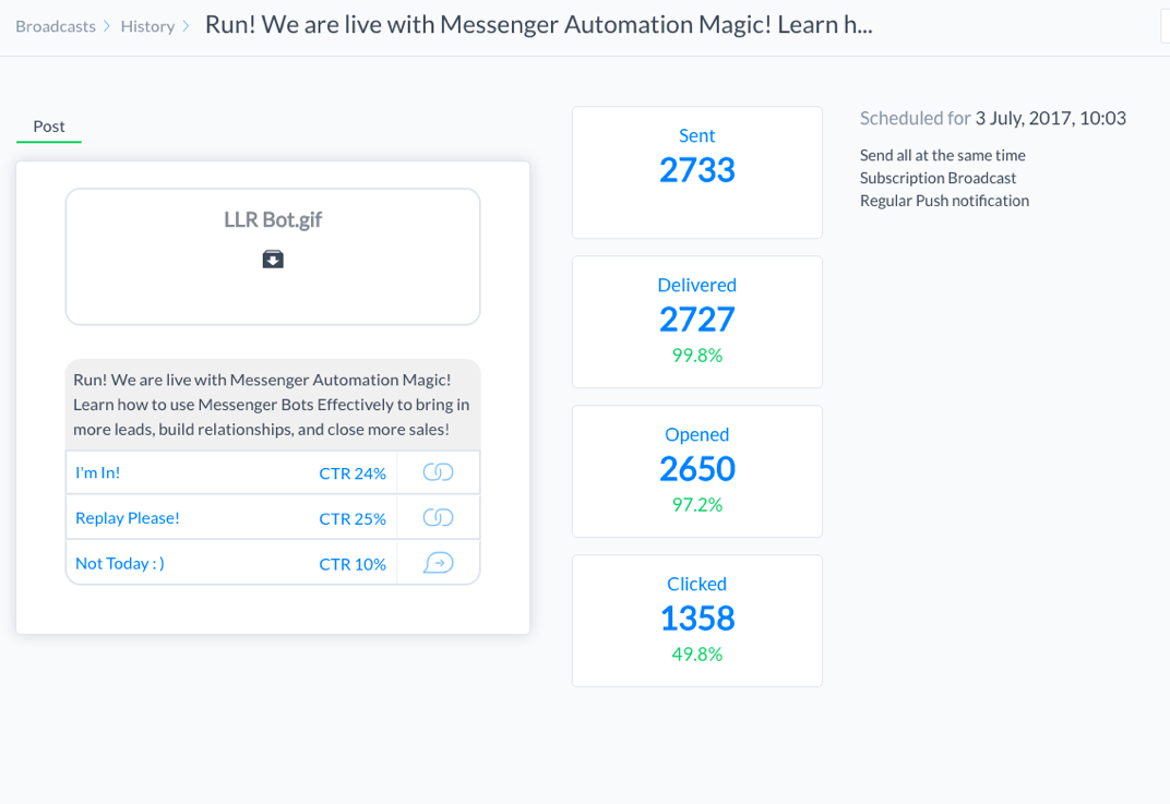 Molly Mahoney's Messenger Bot sending a link to the live video to her audience