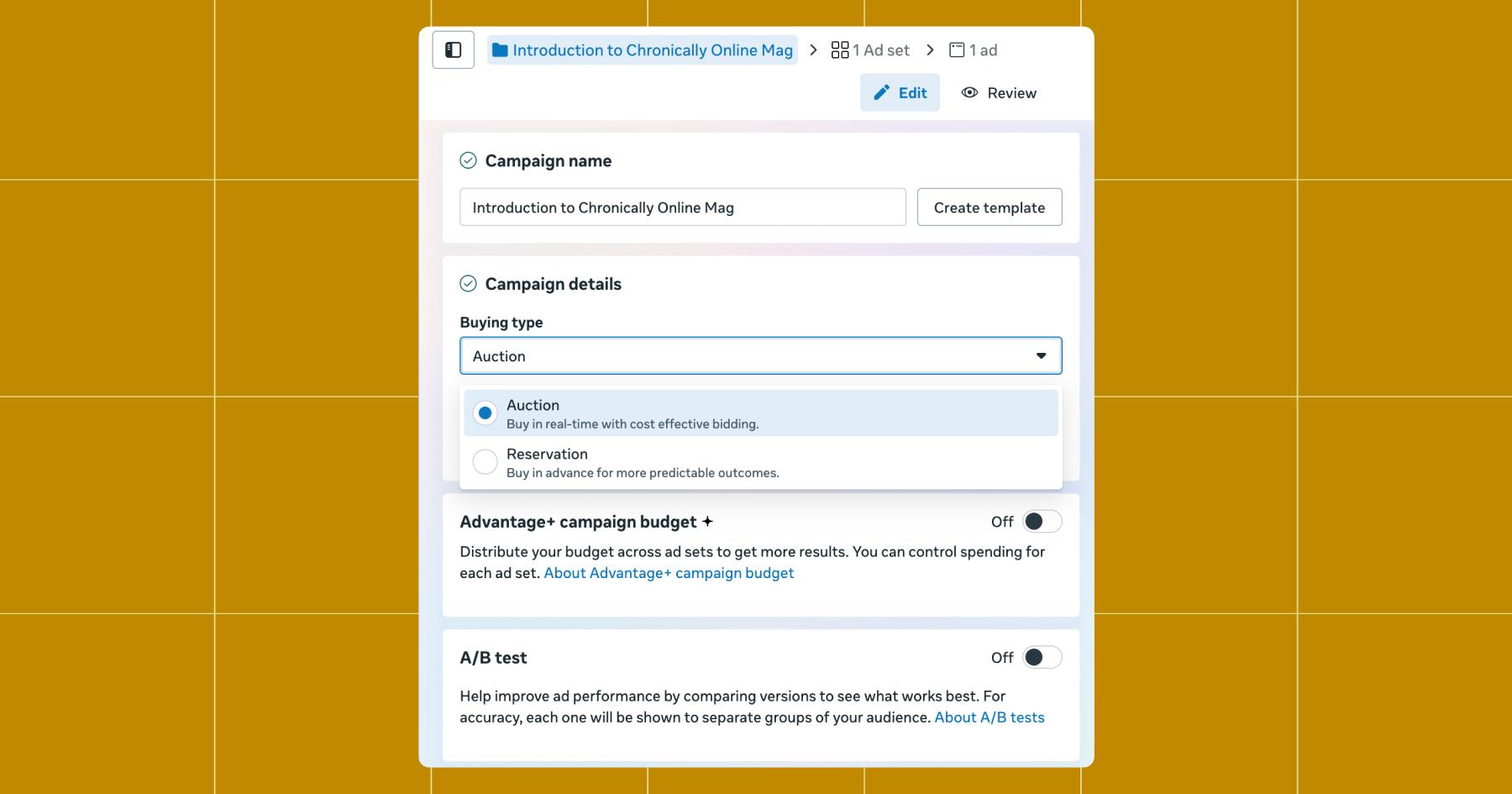 Screenshot of default setting showing Advantage+ campaign budget toggled off