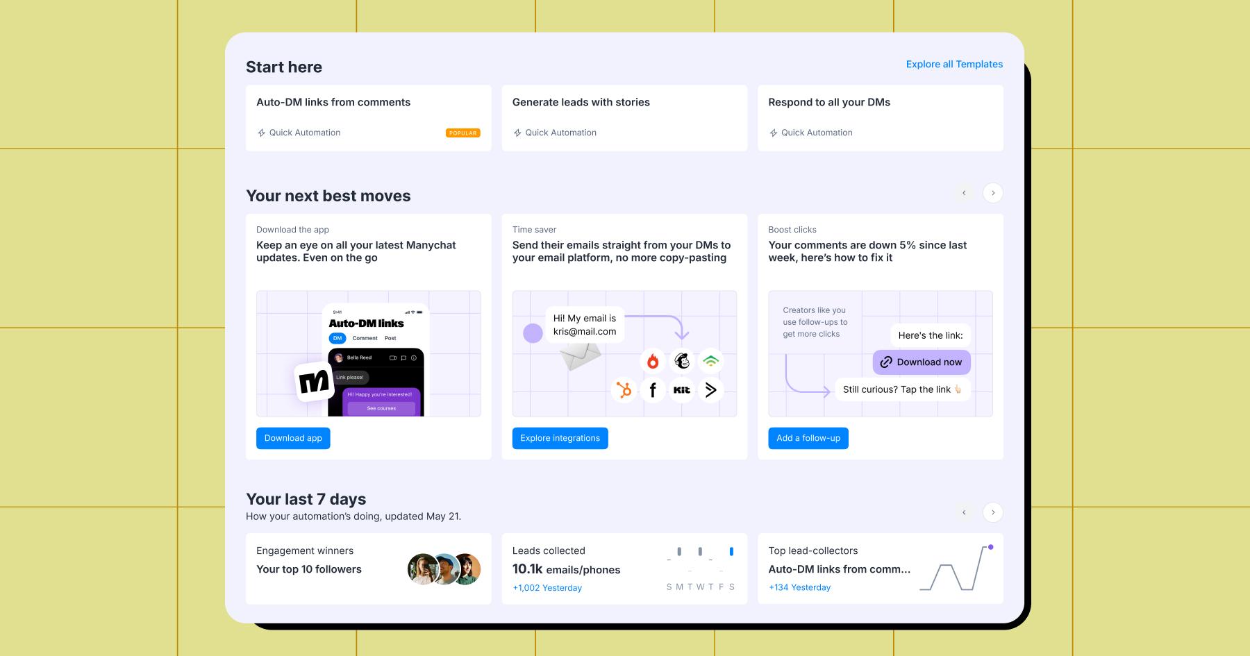 Screenshot of the new Manychat home tab