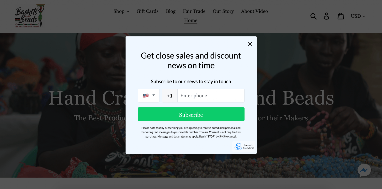 SMS pop-up on website