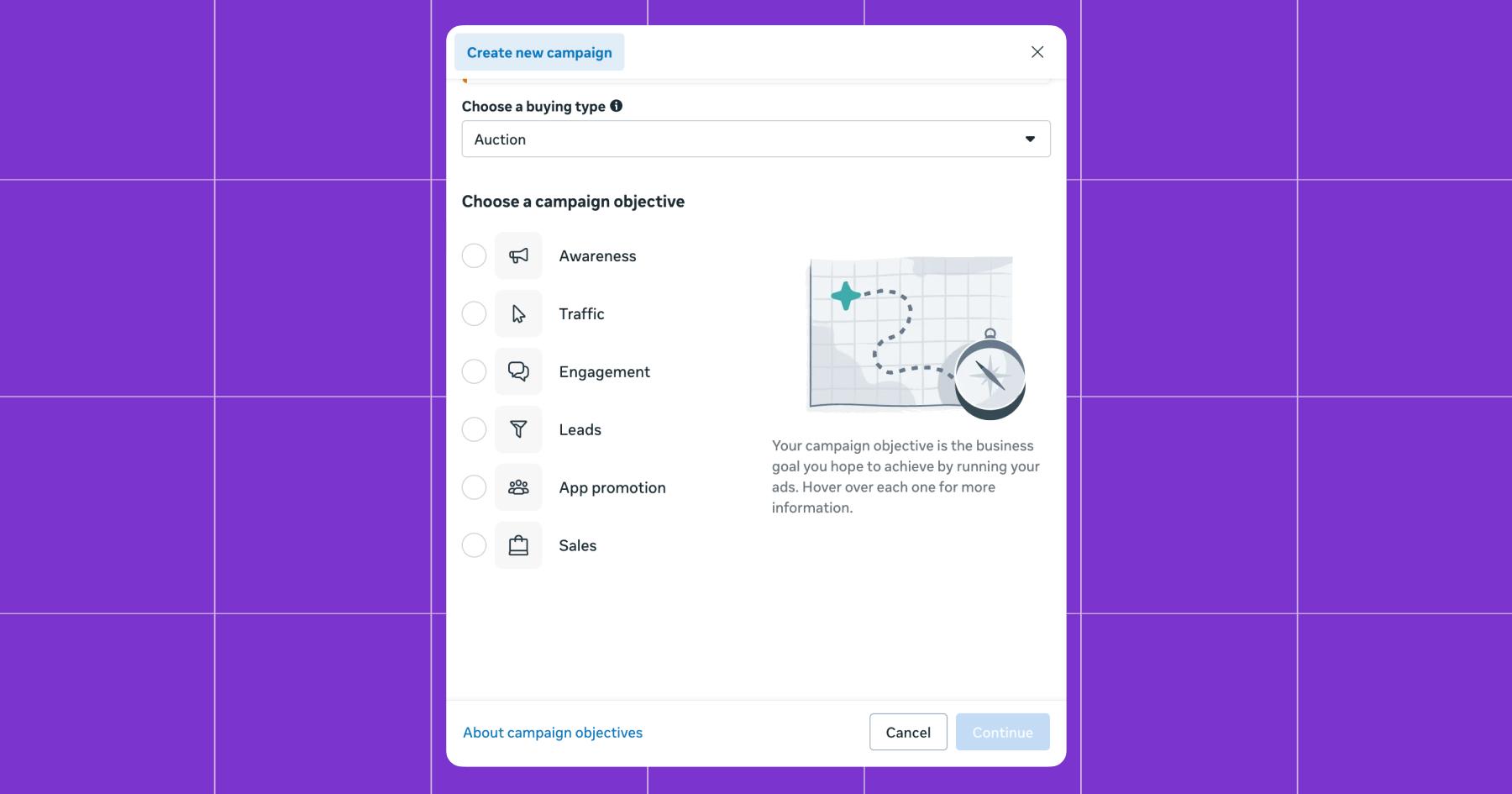 Screenshot of options to Create a new campaign: Awareness, Traffic, Engagement, Leads, App promotion, and Sales