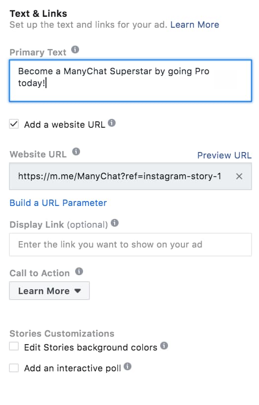 Setting up Instagram Story ad with Manychat