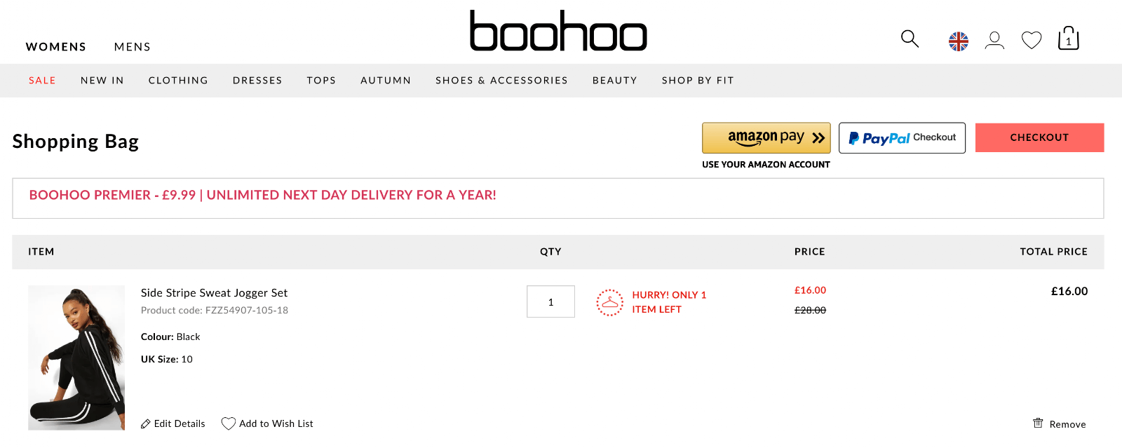 boohoo urgency tactic on checkout page