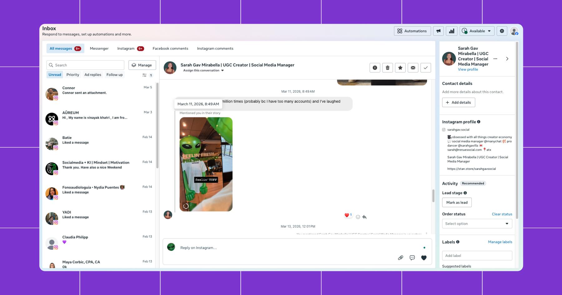 Screenshot of Meta Business Suite’s unified Inbox
