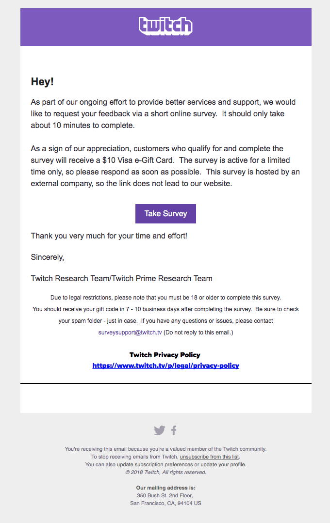 Twitch Customer Feedback Example