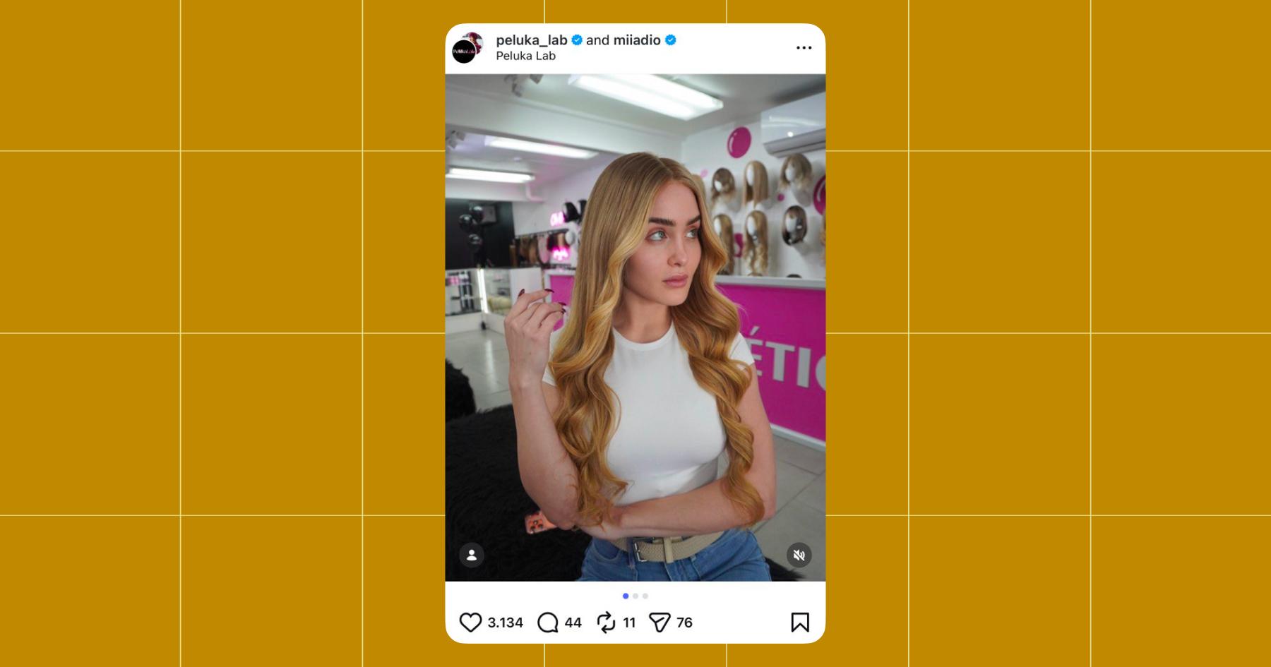 Screenshot of a partnership Instagram post between Mia Dio and Peluka Lab