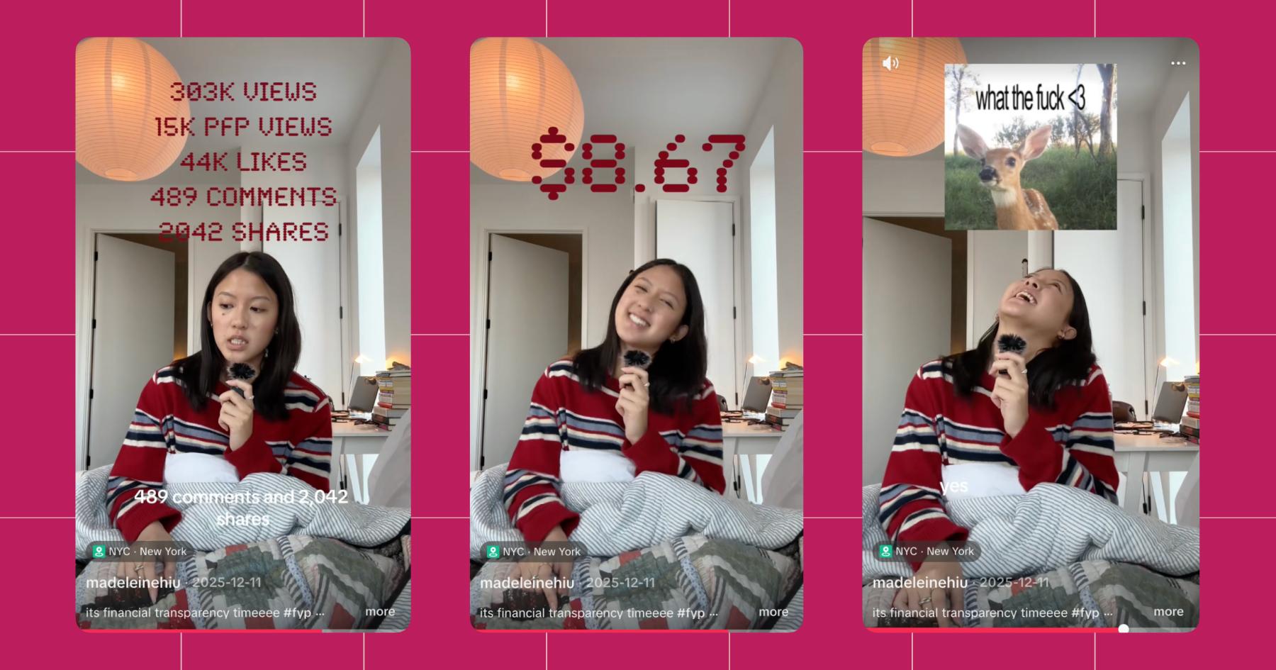 Screenshots of Creator Madeleine Hiu's "financial transparency time" on TikTok