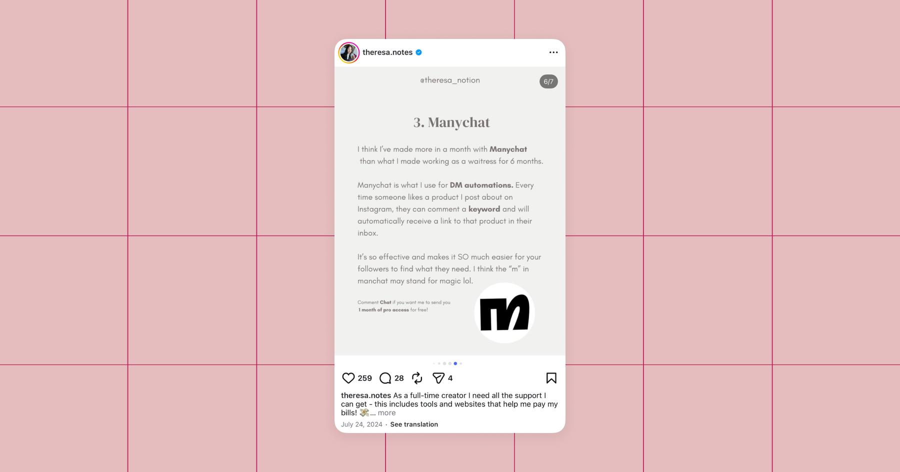 Screenshot of Instagram post from Theresa sharing her success using Manychat for Instagram automations 
