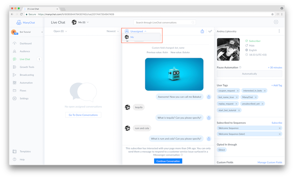 manychat live chat assignments feature