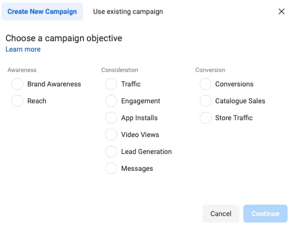Creating a campaign objective in Facebook ad manager