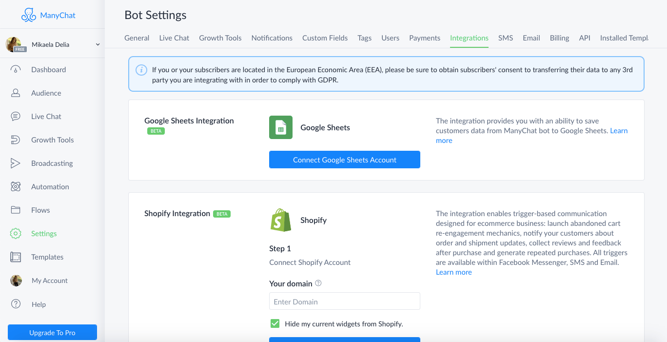 Manychat Integration page