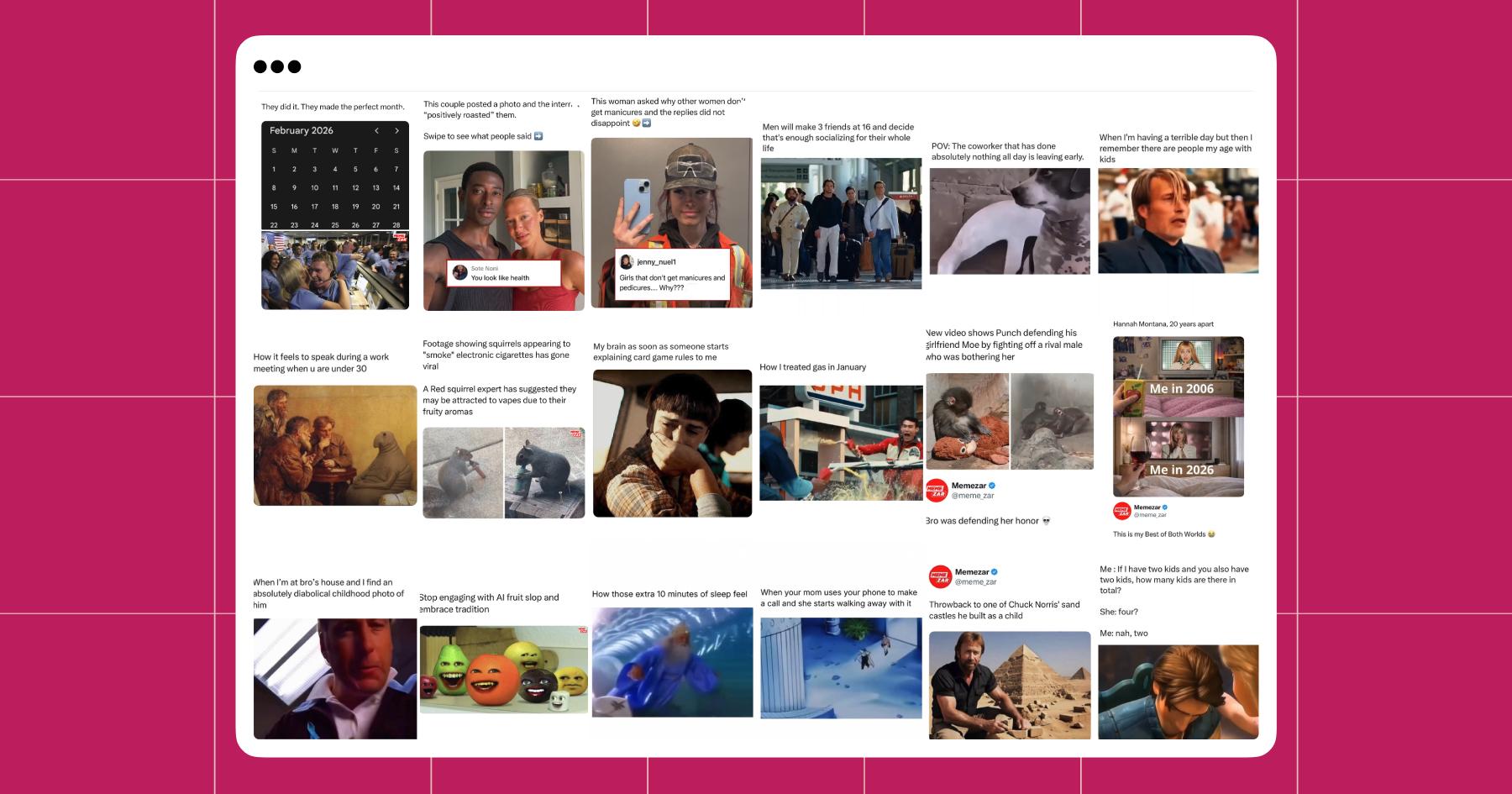 Screenshot capturing the chaos of a meme account's Instagram grid