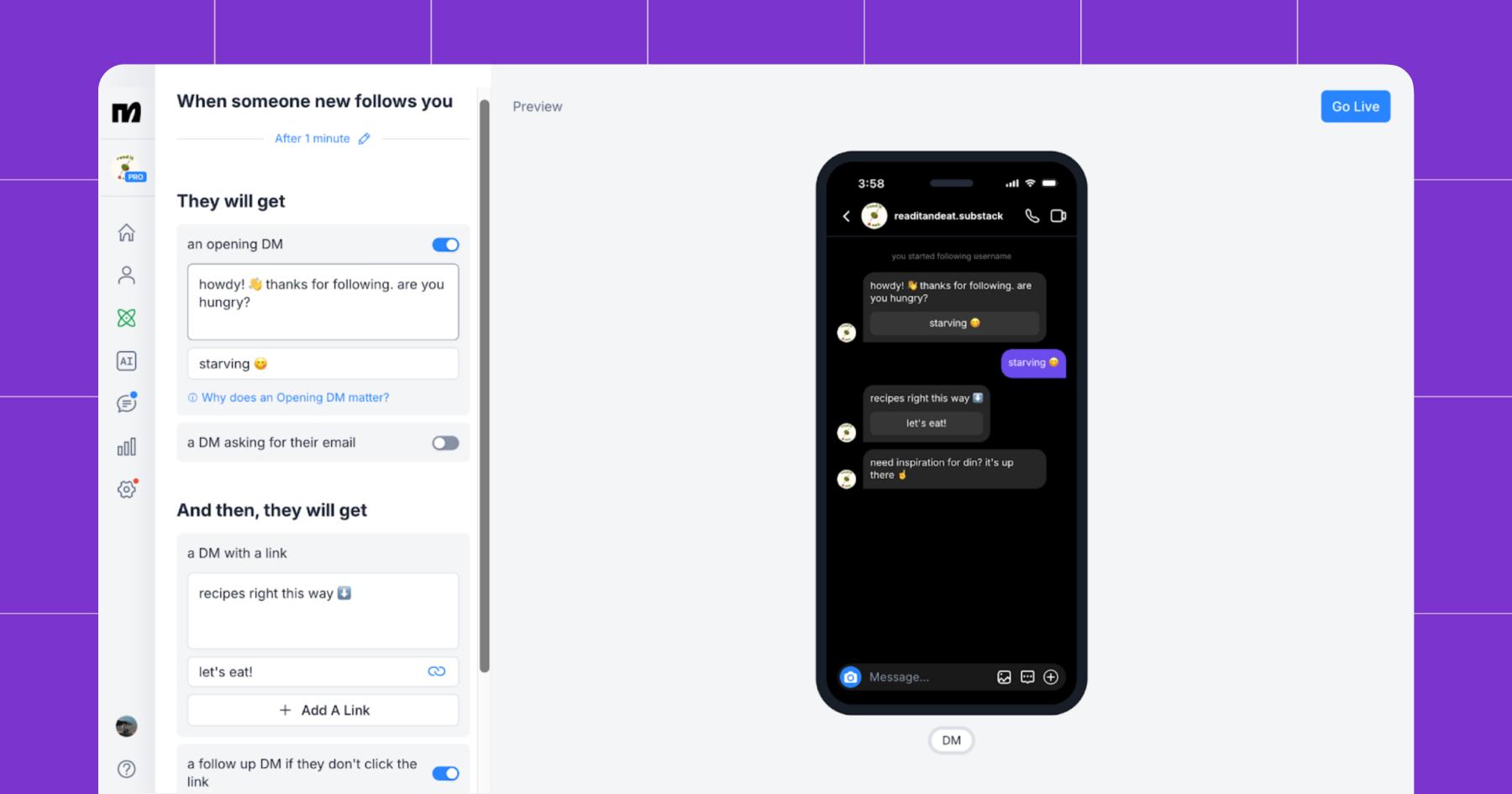 Screenshot of Manychat dashboard automating messages that will go out to new followers 