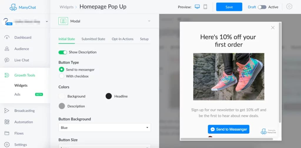 Modal widget in Manychat