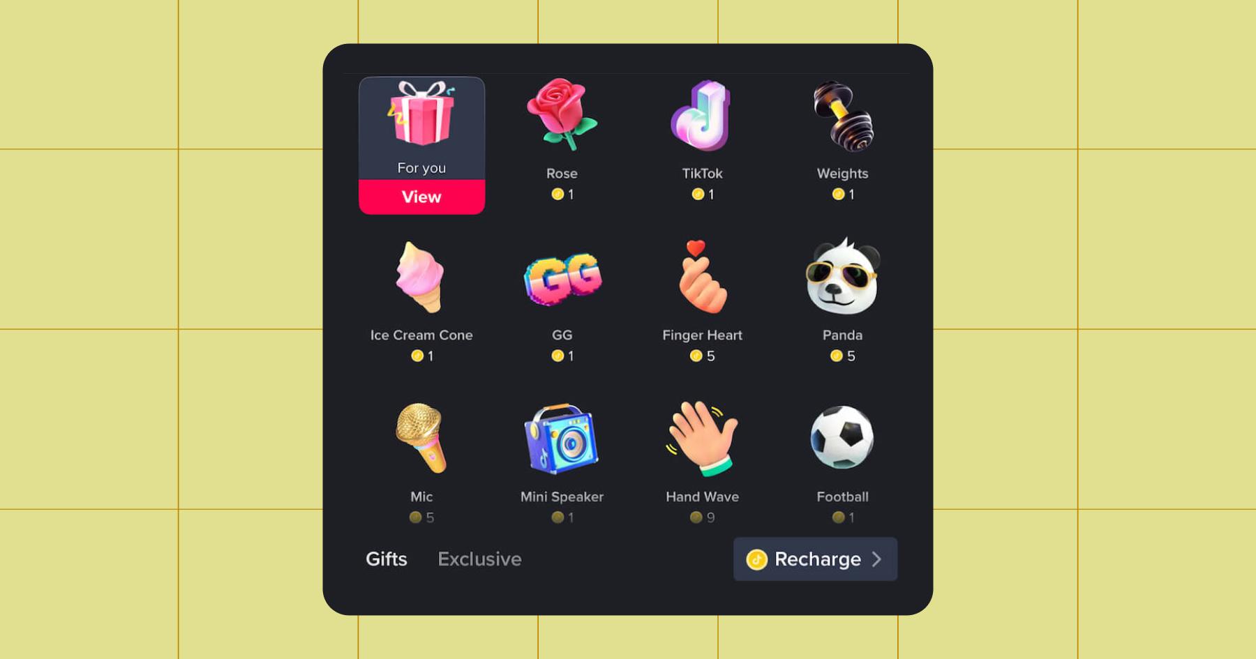 Screenshot of TikTok Gift options, including a Rose, TikTok logo, Weights, Ice Cream Cone, GG, Finger Heart, Panda, Mic, Mini Speaker, Hand Wave, Football (U.S. soccer ball), and more