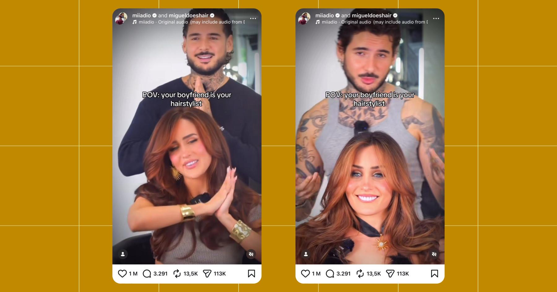 Screenshot of an Instagram post of Mia Dio getting her hair done with the caption "POV: your boyfriend is your hairstylist".