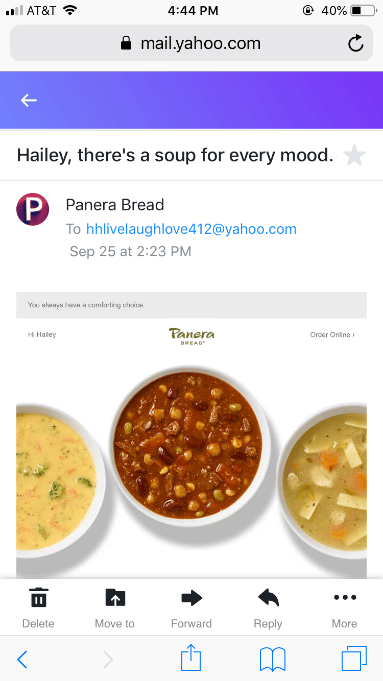 Creative email subject line on marketing email form Panera Bread