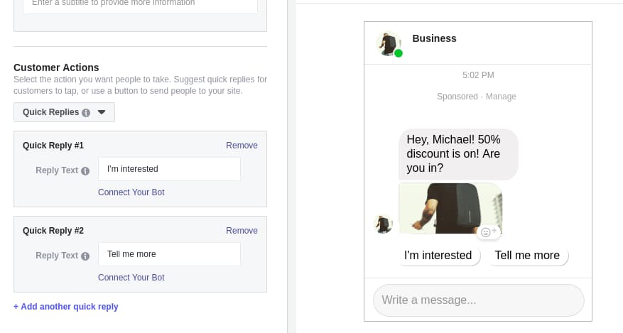 How to Create Facebook Messenger Ads Step 7: Set up Quick Replies