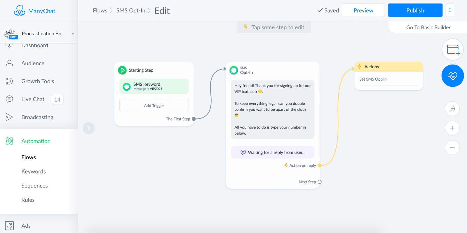 Keyword opt-in flow in Manychat