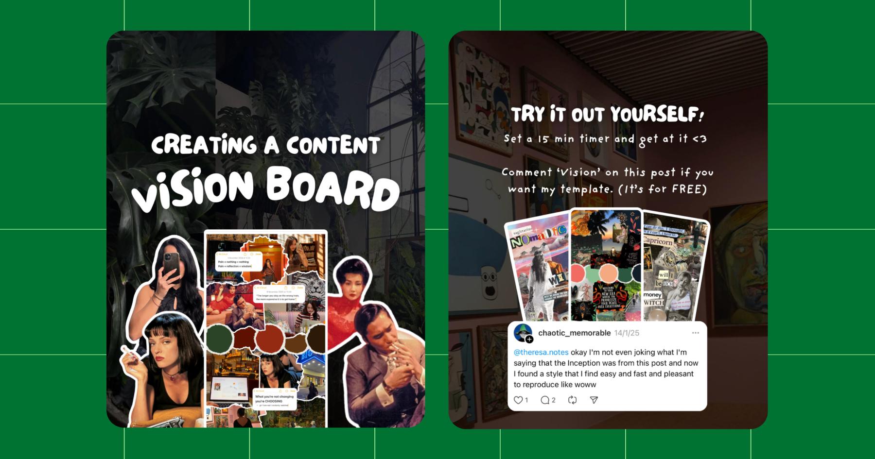 Screenshot of Instagram posts sharing "creating a content vision board" and "try it out yourself" instructions 