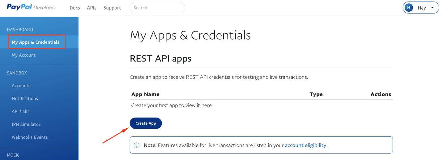 Creating an app in PayPal 