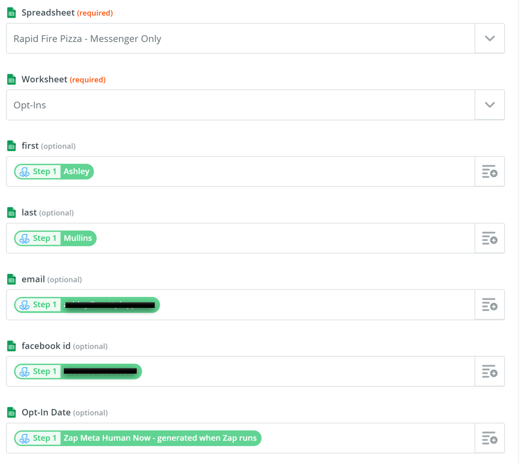 Opt-In Zap Google Worksheet example from Rapid Fired Pizza | Restaurant Chatbot Strategy