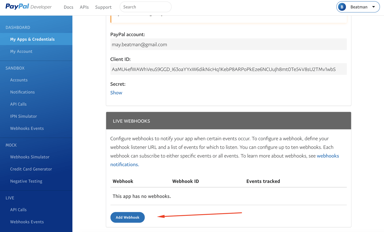 Creating a webhook in PayPal to integrate with Manychat