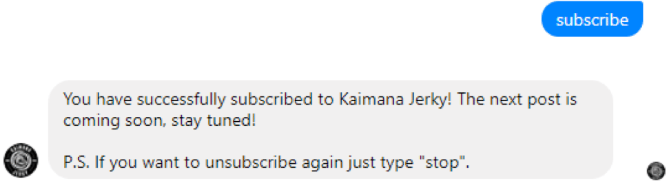 Kaimana Jerky unsubscribe message via manychat