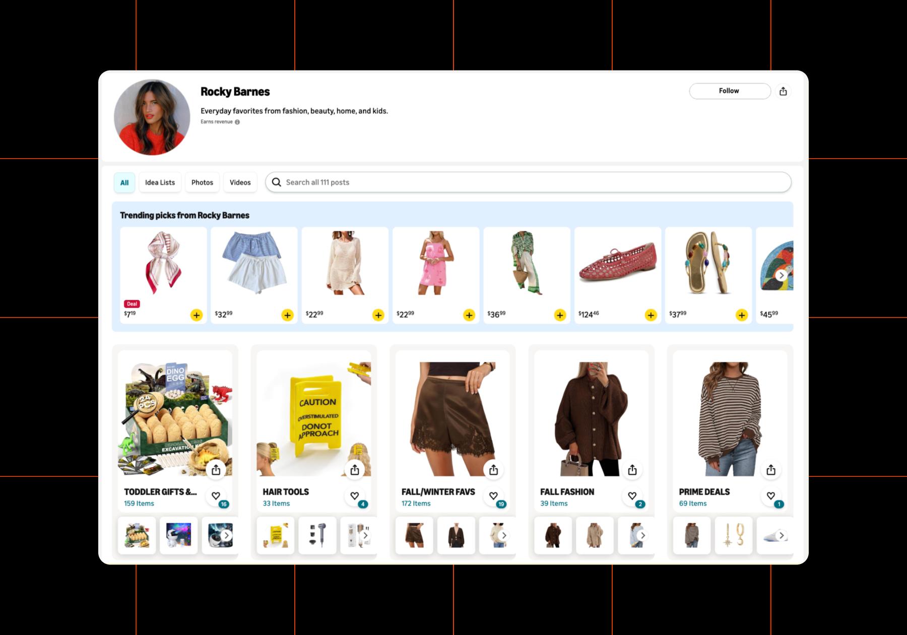 Screenshot of an Amazon Influencer storefront from creator and model Rocky Barnes (@rocky_barnes)